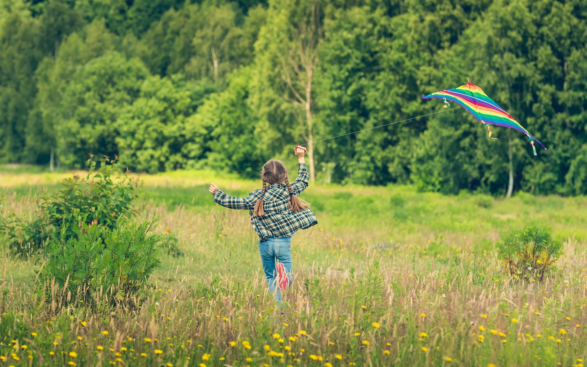 En pige løber med en drage i en mark